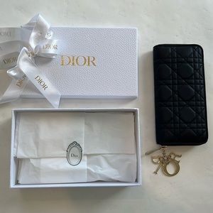 DIOR Black Leather Cannage Lady Dior Gold Logo Charm Zip-Around Wallet in Box